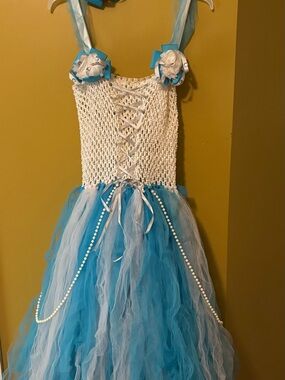 Bold Blue & White Crochet Tulle Princess Dress(HANDMADE)